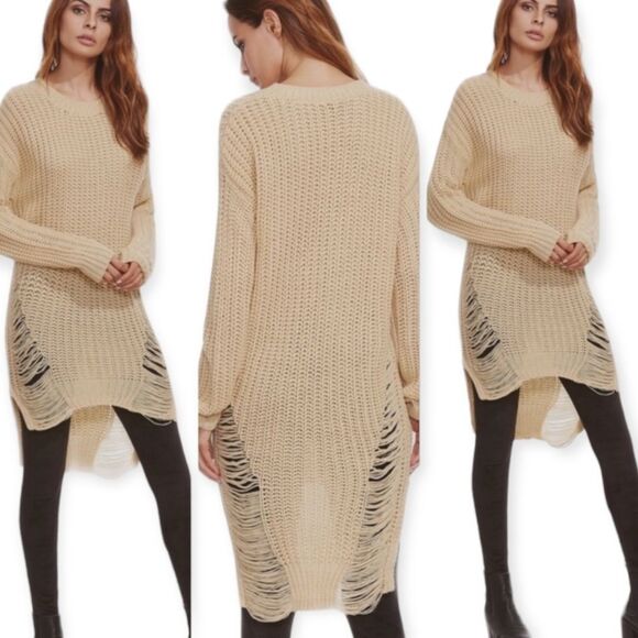 Beige Distressed Long Sweater Crochet Knit Tunic Dress NEW - Picture 2 of 4